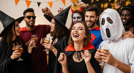 Halloween party with friends enjoying a Halloween party, dressed in costumes. Halloween party atmosphere with costumes, drinks, and happy people, celebrating with friends.