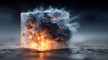 Artistic abstract cube radiating swirling particles of blue and orange energy against a dark digital background