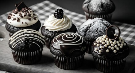 Delicious chocolate cupcakes and muffins with various toppings.
