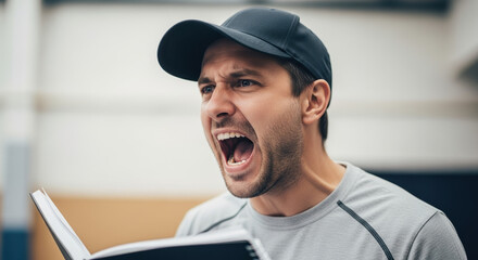 Man shouting with mouth wide open wearing a cap, expressing great emotion, visible in half-length format. Man shouting with visible emotion, holding notepad,