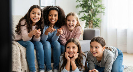 Fototapeta premium Group of friends joyfully gathered for watching tv, sharing laughter and excitement. Friendship, bonding, and entertainment define group of friends watching tv together in cozy setting,