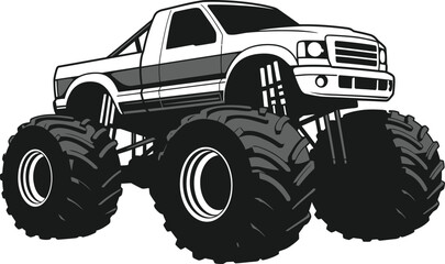 monster truck illustration with large wheels on transparent background silhouette