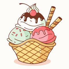 Colorful Ice Cream Sundae in Waffle Bowl with Cherry