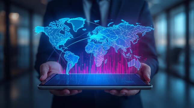 Graph on a tablet, showing a network of lines connecting different regions of a digital world map. The lines glow in bright cyan and pink. The graph is held by a professional in a modern office