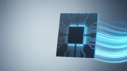 Futuristic microchip with glowing blue circuits and light trails, representing technology and data transfer