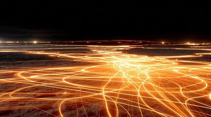Long exposure shot of orange light trails over a dark landscape at night with city lights afar