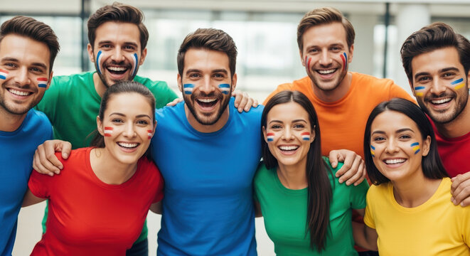 Group of soccer fans with face paint cheering, sporting vibrant team colors and spirited expressions. Group of soccer fans gather to support their team, faces brightly adorned with team spirit.
