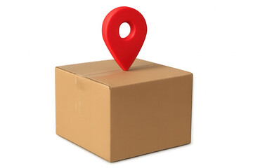 3d rendering of a cardboard box with a red location pin, symbolizing shipping and delivery, isolated on a transparent background