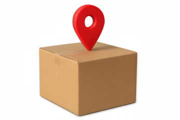 3d rendering of a cardboard box with a red location pin, symbolizing shipping and delivery, isolated on a transparent background