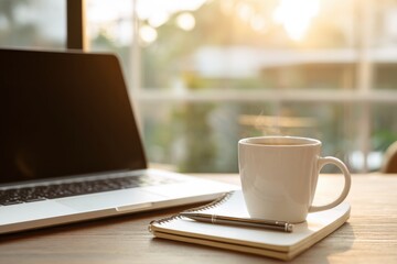 A bright coworking desk with laptop edge, notebook, pen and a plain mug in soft daylight.
