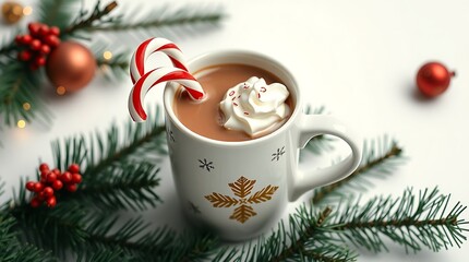 Festive mug of hot chocolate with candy cane and whipped cream surrounded by christmas decorations