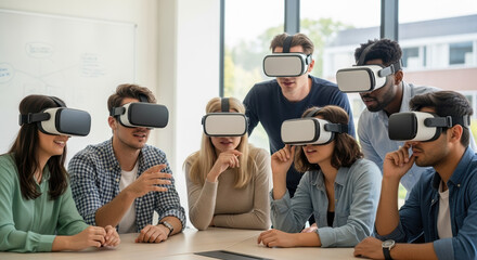 Group using VR headset devices in office, employees explore immersive VR headset experience. People wearing virtual reality headset for collaborative teamwork. Concept VR headset,