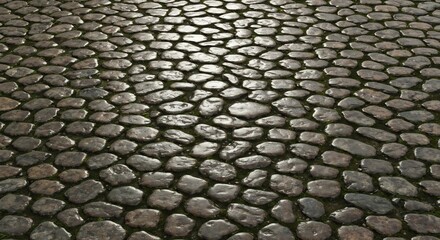 Textured Cobblestone Pavement with Moss, Wet Gray Stone Road Surface