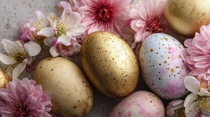 Obraz premium decorative golden and speckled easter eggs are artfully displayed among pink and white flowers creating a cheerful spring ambiance perfect for celebration