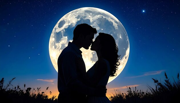 Romantic couple kissing under a full moon