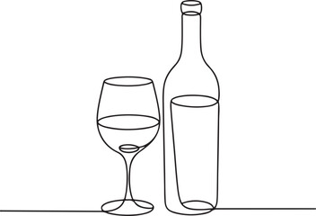 Elegant continuous line art featuring a wine bottle and a full glass. Clean and simple minimalist vector illustration