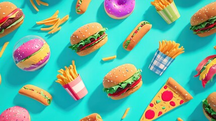colorful stylized abstractions of burgers pizzas and fries float against a bright turquoise backdrop creating a playful ambiance generative ai