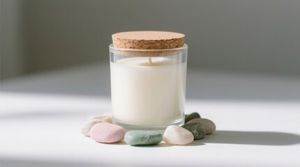 Off White Jar Candle with Cork Lid and Decorative Stones – Minimalist Home Decor Photography