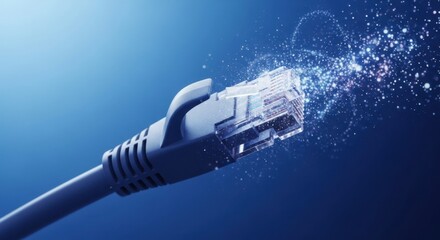 Network cable with data stream, concept of data transfer and fast internet connection