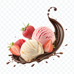 realistic swirling creamy vanilla and strawberry ice cream scoops with chocolate splash isolated on transparent background	