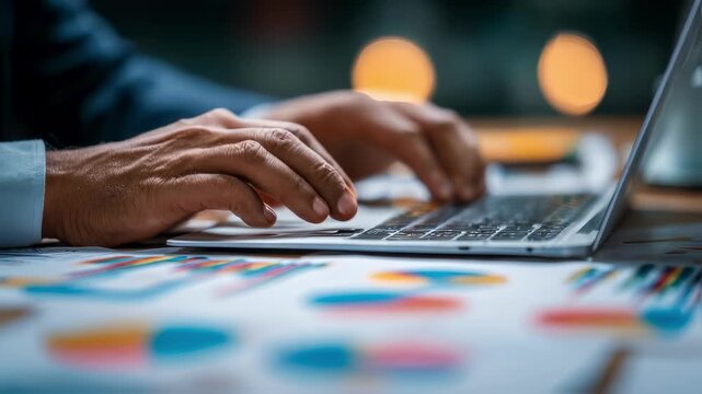 Focus on hands typing a root cause report on laptop keyboard with softfocused meeting agenda charts visible in background.