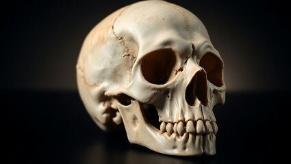 Anatomical model of a human skull with detailed bone structure on a dark reflective surface