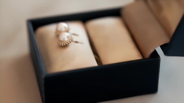 A pair of lustrous pearl stud earrings, each surrounded by a subtle gold-toned metal setting, rests within a plush, beige-lined black jewelry box, conveying sophistication and luxury.