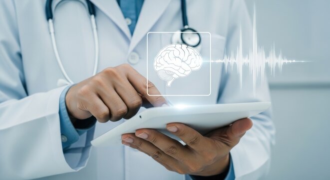 Doctor using tablet with digital brain interface, concept of modern medicine