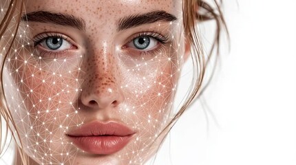 Futuristic beauty portrait of woman with digital face mesh technology and clean white background
