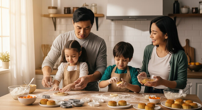 Celebrating Mid-Autumn Festival with family making mooncakes in bright kitchen, everyone is having fun preparing traditional festive dessert.