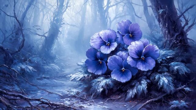 Mystical Winter Forest with Purple Flowers