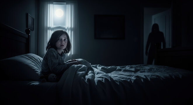 Nighttime scary stories told through fearful child in dimly lit bedroom, featuring ghost like figure. Nighttime scary stories evoke dread, as young person stares wide eyed at approaching entity.