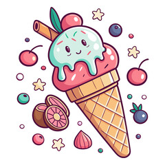 Cute Kawaii Ice Cream Cone with Fruits