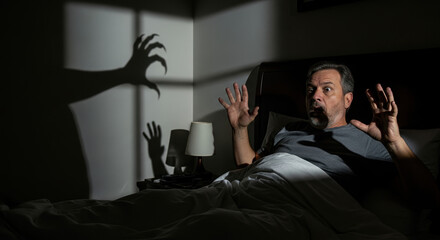 Obraz premium Nighttime scary stories unfold with frightening shadow monster looming over man in bed, creating fear. Nighttime scary stories show danger lurking in dark, frightening shadow that reaches,