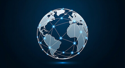 Global network connecting continents with glowing nodes, representing worldwide communication and data transfer.