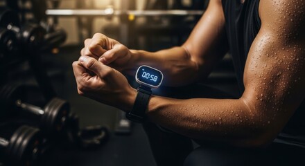 Close up of muscular man checking time on his smartwatch after intense workout