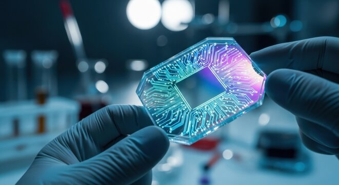 Scientist holding a transparent microchip with colorful circuit patterns in laboratory