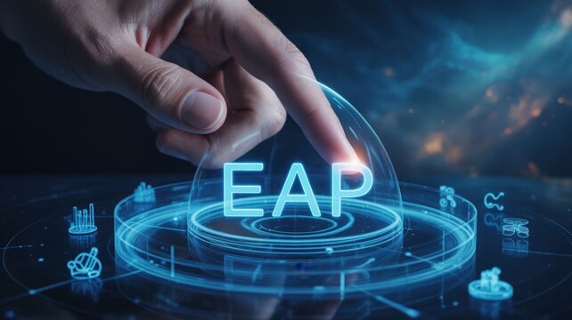 Finger touches holographic eap acronym on futuristic digital interface with glowing blue accents