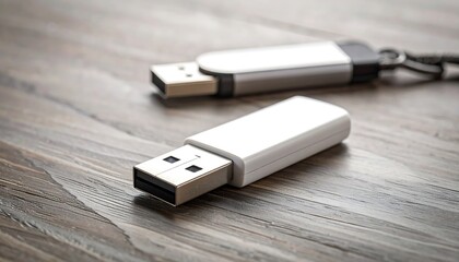 Two flash drives on a wooden surface. Close-up view