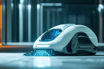 Fototapeta premium Advanced robotic vacuum cleaner operates on a sleek floor in a modern environment