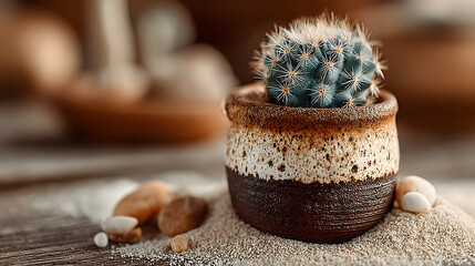 Tiny green cactus set in a rustic brown pot, gently placed on warm desert sand