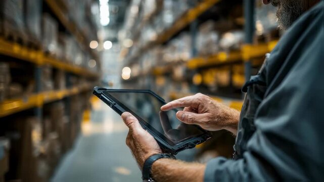 Medium shot of a warehouse employee analyzing vehicle part stock using a tablet sharp focus on the device with blurred shelves in the background set in an urban inventory room.