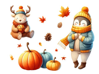 Penguin in winter hat and jacket, deer holding a ball, surrounded by pumpkin leaves, autumn atmosphere, watercolor style, vector, Hand drawn.