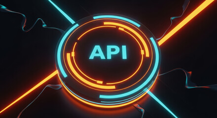 Graphic rendering of API inscription on glowing screen, interface technology displayed. API inscription is surrounded by circles and connected lines.