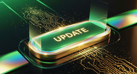 Update button on futuristic circuit board. Bright green update button in modern design, showcasing electronic paths and glowing effects. Software update is essential for technological advancement.