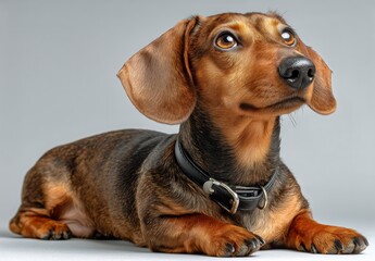 Cute Dachshund Laying on a Neutral Background With an Attentive Expression and Shiny Coat