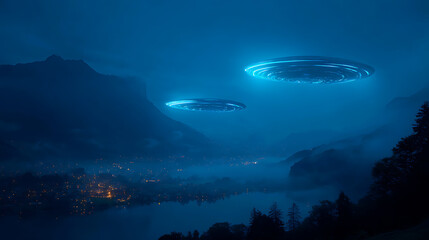 Ufo sighting over mountain lake at night extraterrestrial phenomenon alien invasion flying saucers mystery