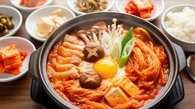 A bubbling pot of kimchi jjigae a Korean stew with tofu mushrooms and egg yolk surrounded by banchan side dishes