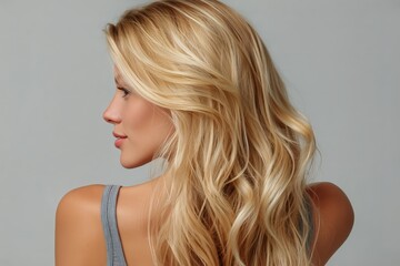 Fototapeta premium Stunning Profile View of a Woman With Flowing Blonde Hair on a Neutral Background