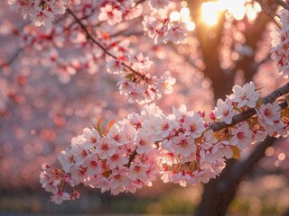 Sakura Sunset Bloom: Delicate Pink Cherry Blossoms Bathed in Golden Hour Light